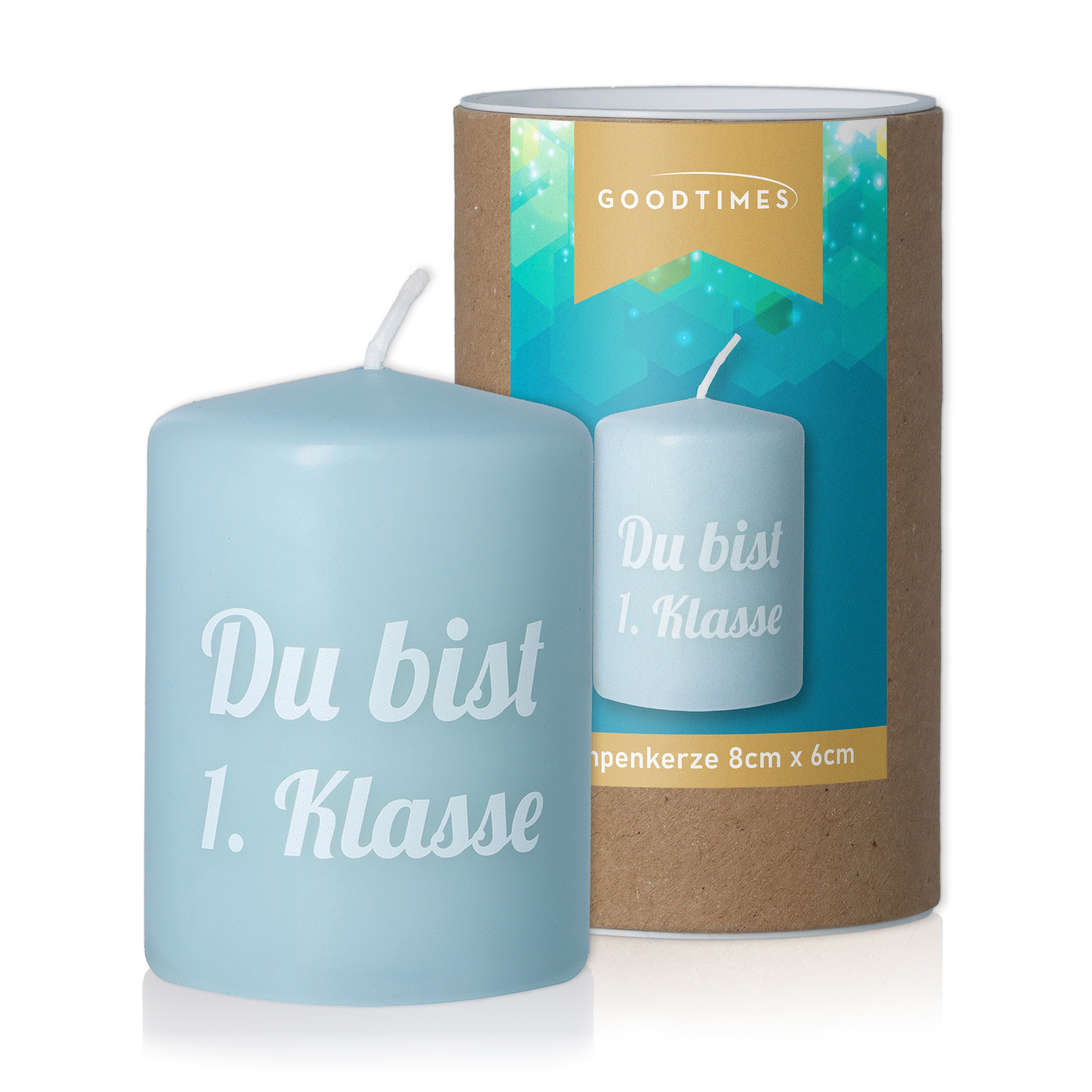 Stumpenkerze Hellblau "Du bist 1. Klasse"