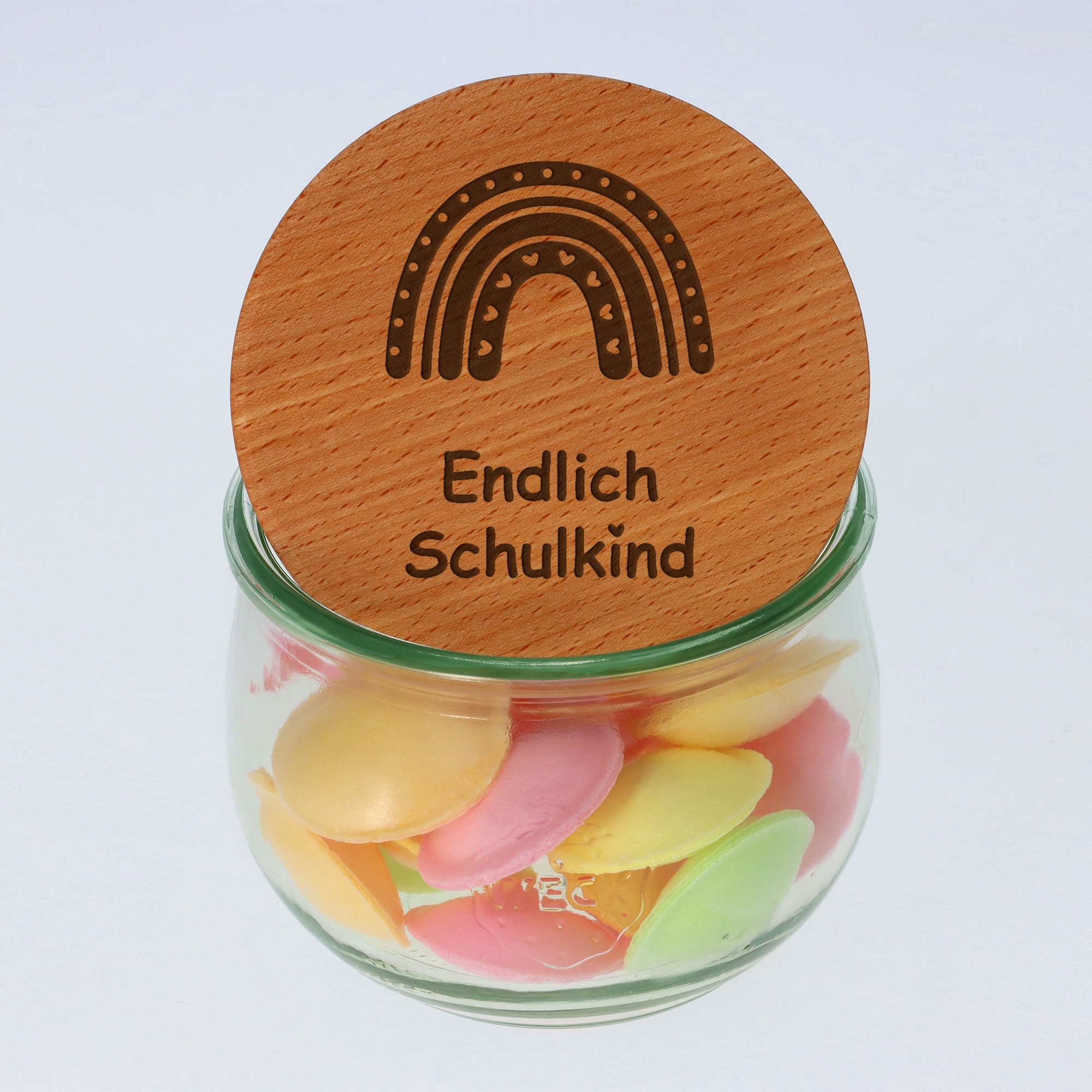 Geschenkglas "Endlich Schulkind" Regenbogen mit Herzen