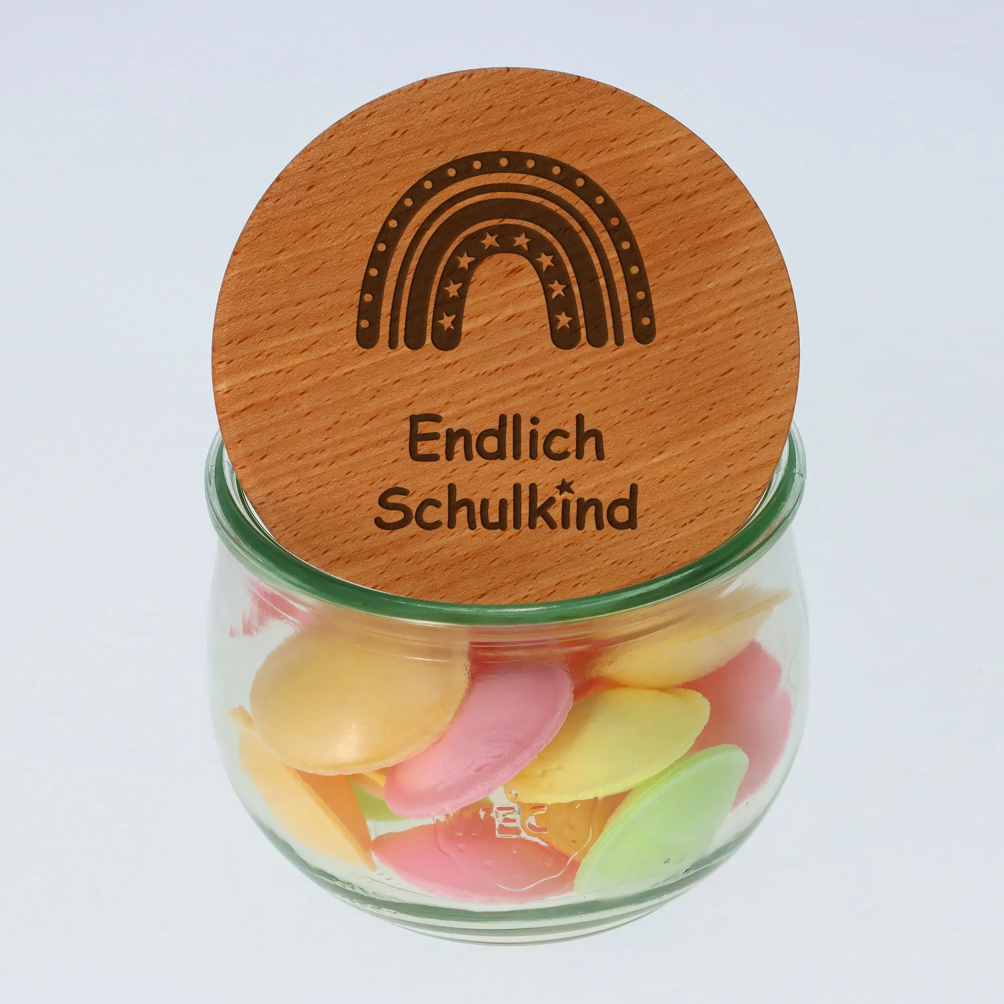 Geschenkglas "Endlich Schulkind" Regenbogen mit Sternen