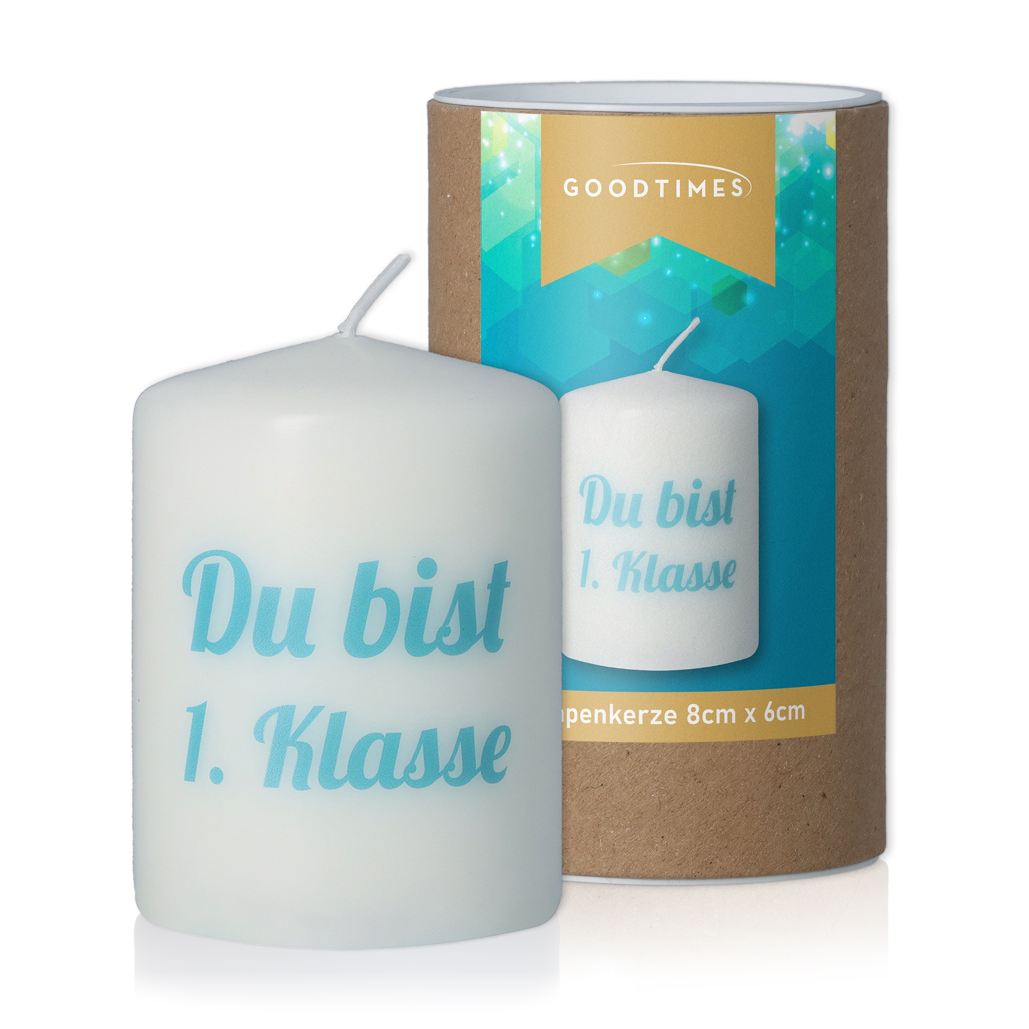 Stumpenkerze Weiß "Du bist 1. Klasse"