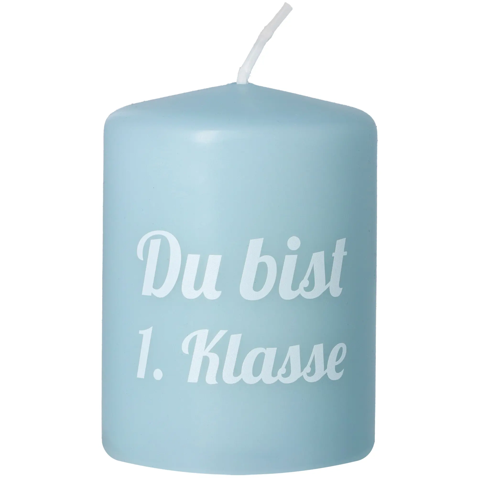 Stumpenkerze Hellblau "Du bist 1. Klasse"