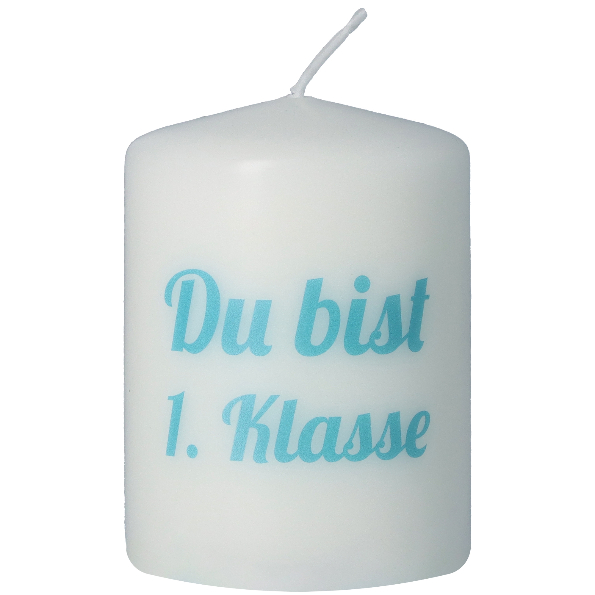 Stumpenkerze Weiß "Du bist 1. Klasse"